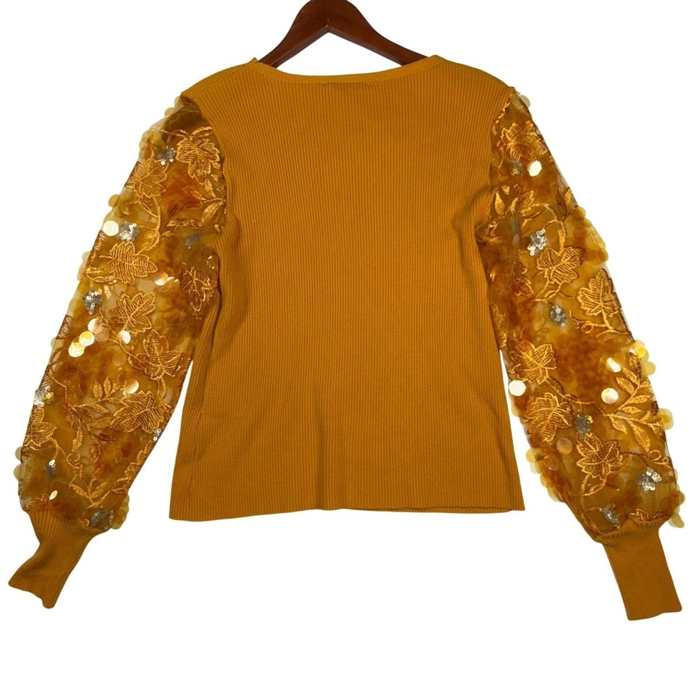 Sioni Milano S Orange Brass Fall Leaves Sequin Sleeve Ribbed Knit Top - Small - Picture 9 of 11
